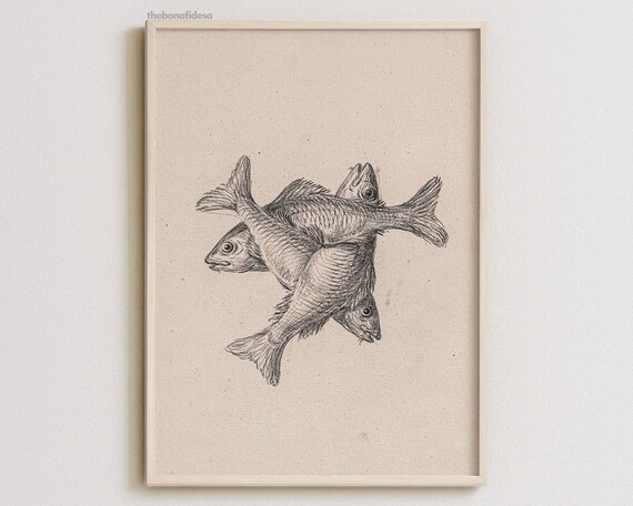 Vintage Fish Sketch Charcoal Drawing Retro Nautical Wall Art Decor