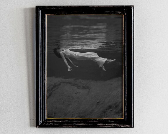 Woman Floating Underwater Black and White Surreal Photography Print