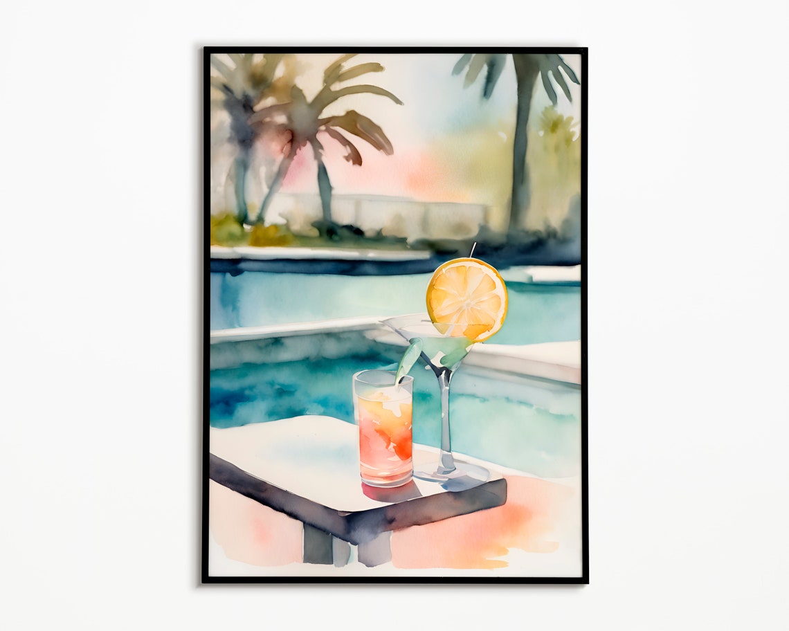 Poolside Cocktails Watercolor Tropical Summer Vacation Poster