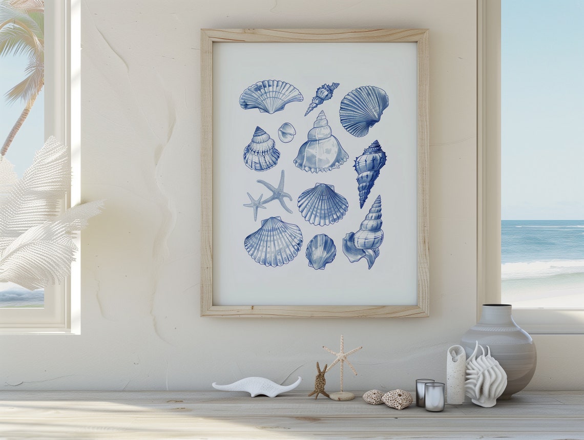 Blue Seashells Starfish Watercolor Collage Coastal Beach Poster - Image 3