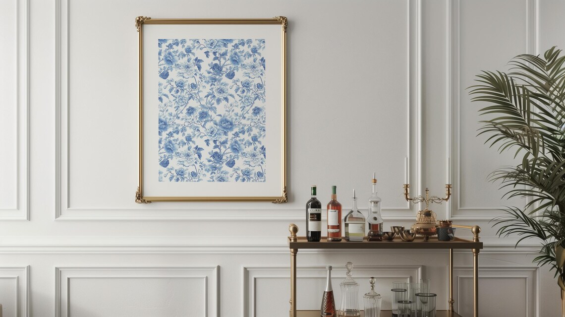Blue Toile De Jouy Floral Poster Chinoiserie English Garden Flower Art - Image 4