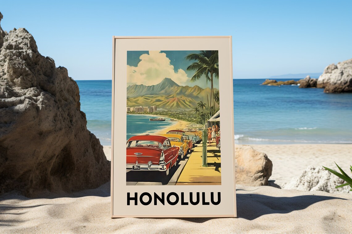 Honolulu Hawaii Vintage Travel Poster, Beach Print - Image 3