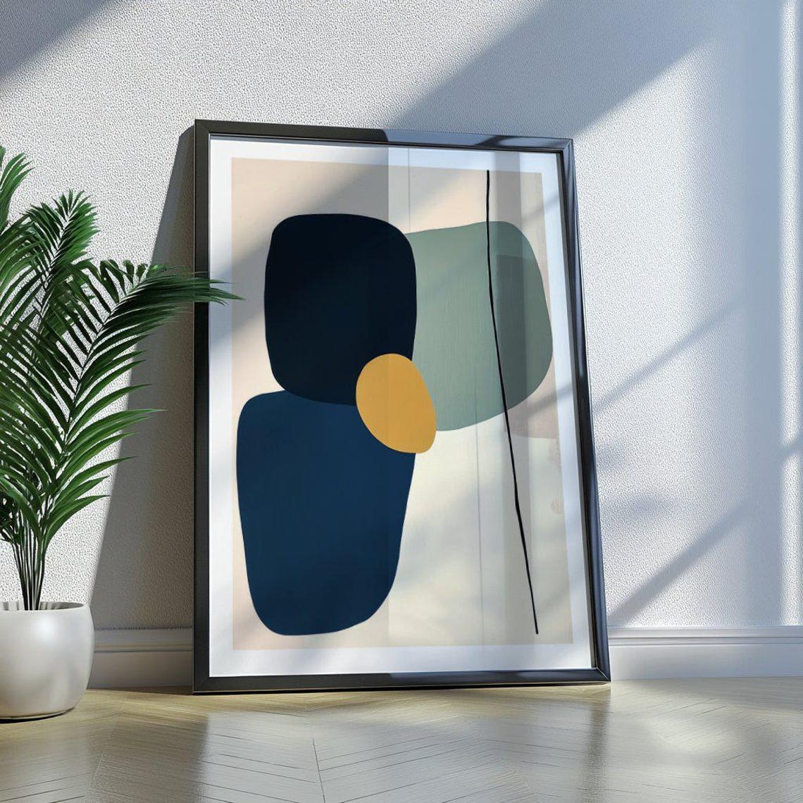 Navy Sage Green and Ochre Overlapping Abstract Shapes Minimal Poster - Image 2