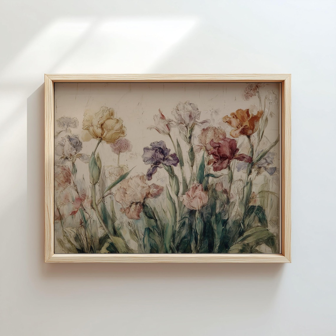 Soft Muted Vintage Iris Floral Sketch Botanical Garden Wall Art