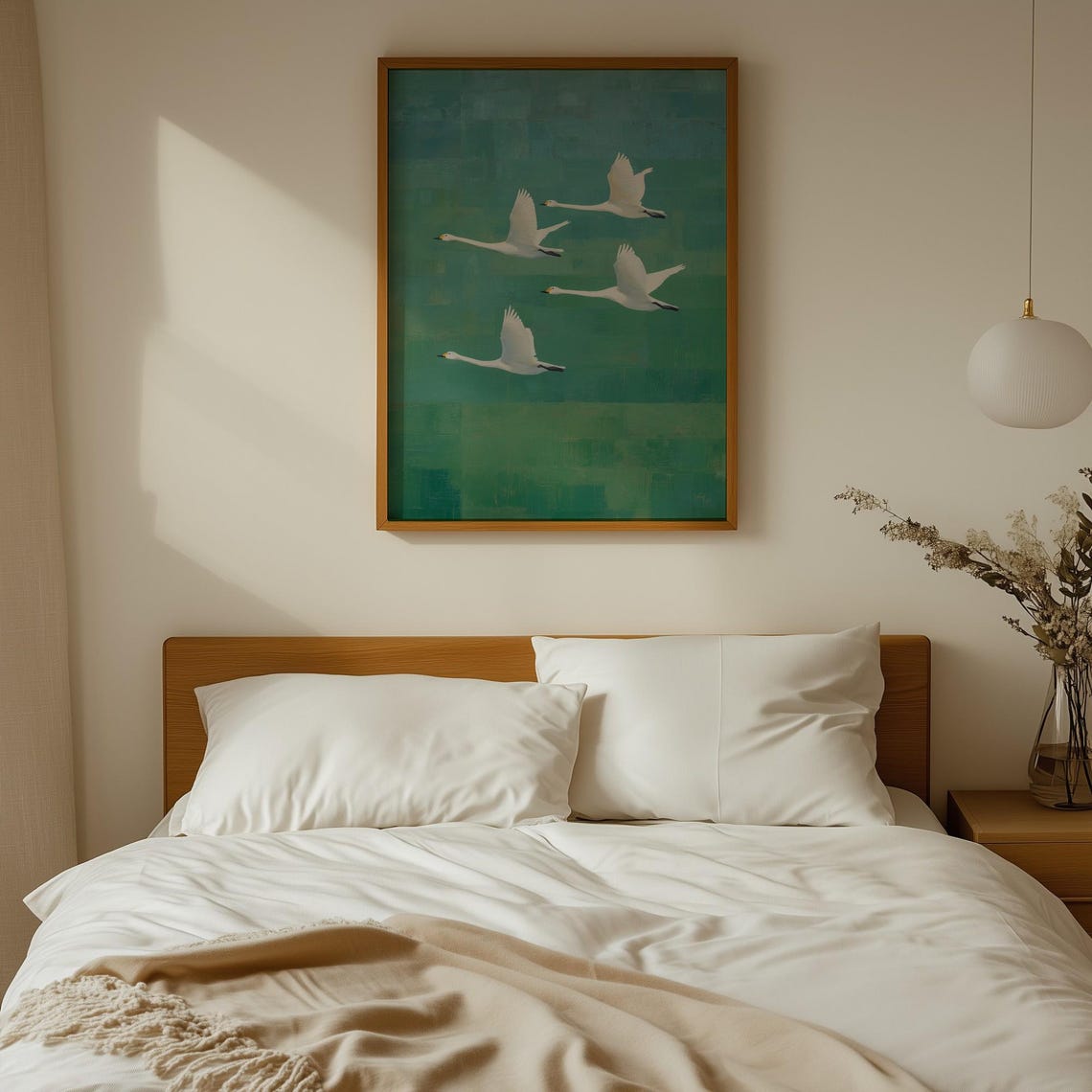 Four White Swans Flying Teal Green Serene Bird Nature Art Poster