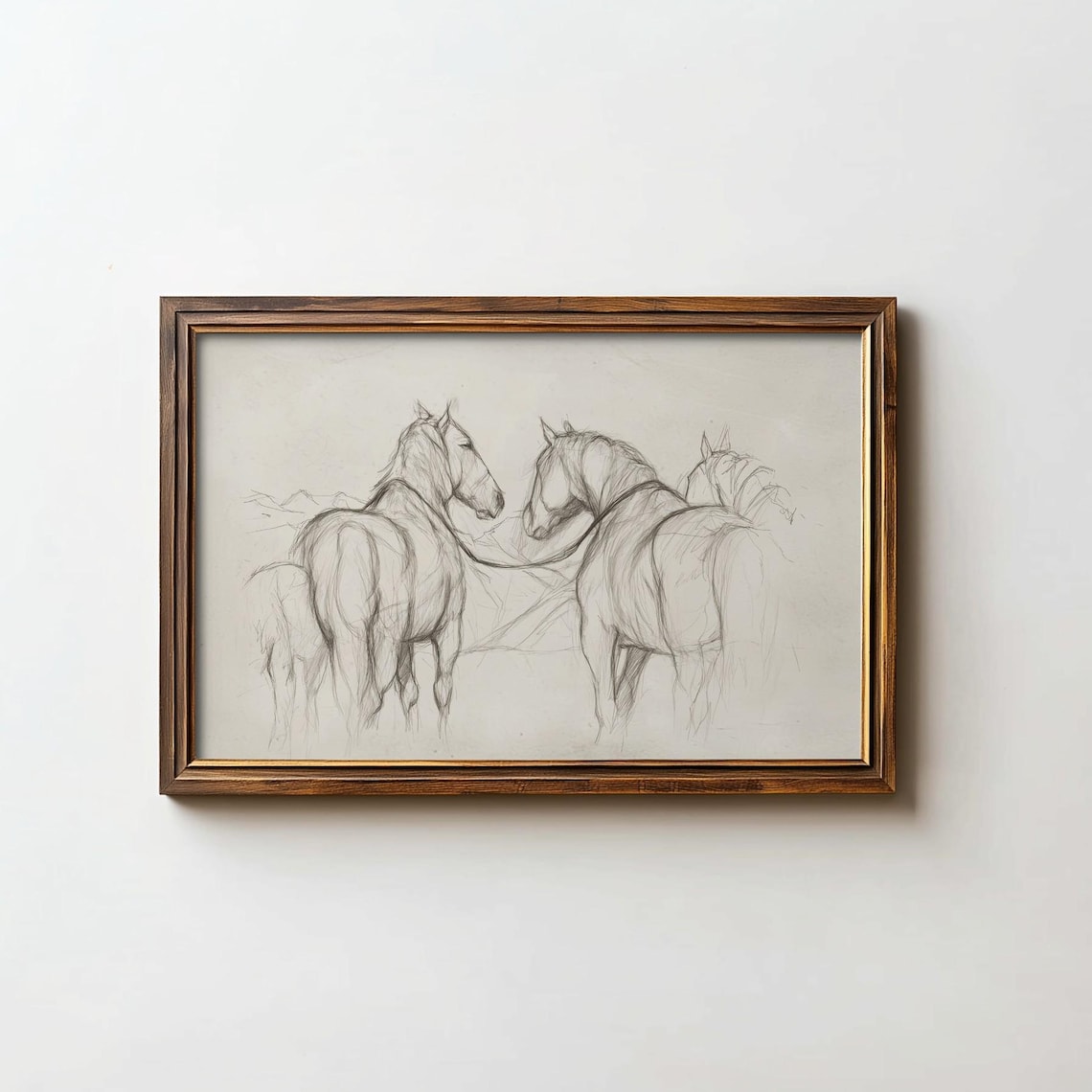 Two Horses Pencil Sketch Minimalist Equestrian Drawing Poster