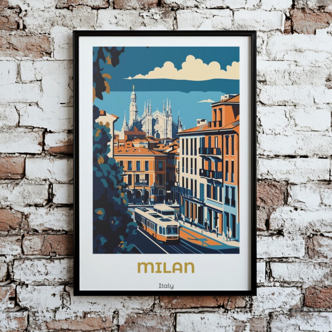 Milan Italy Duomo Cathedral Trams Retro Cityscape Travel Poster