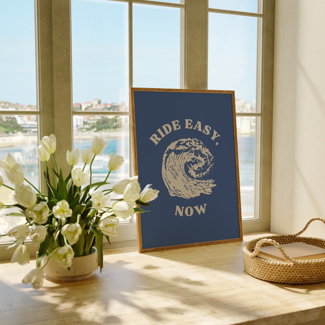 Ride Easy Now Retro Surf Wave Navy Blue Beach House Wall Poster - Image 2