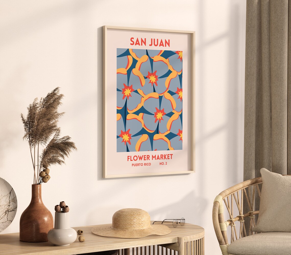 San Juan Puerto Rico Flower Market Blue Orange Floral Travel Poster - Image 3