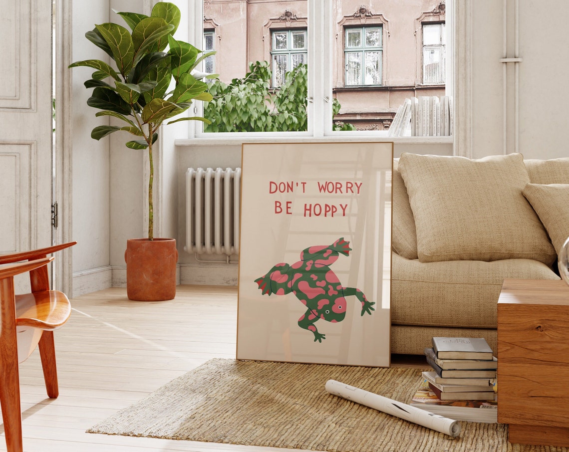 Don't Worry Be Hoppy Pink Spotted Frog Funny Animal Wall Art - Image 2