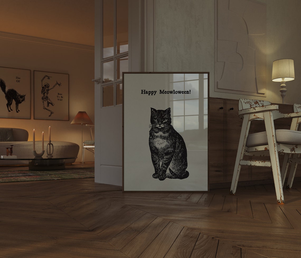 Happy Meowloween Vintage Black Cat Engraving Halloween Pun Poster - Image 2