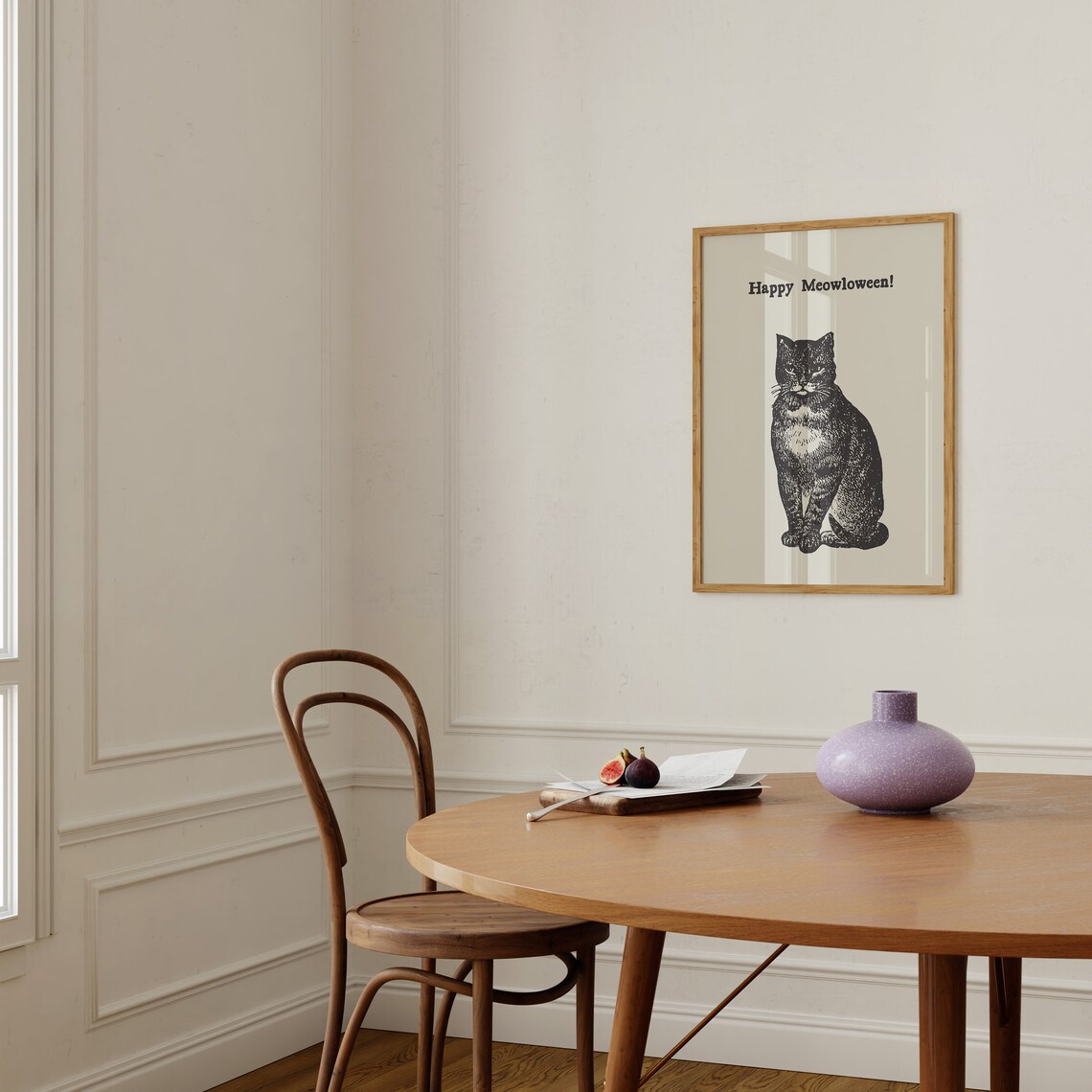 Happy Meowloween Vintage Black Cat Engraving Halloween Pun Poster - Image 3