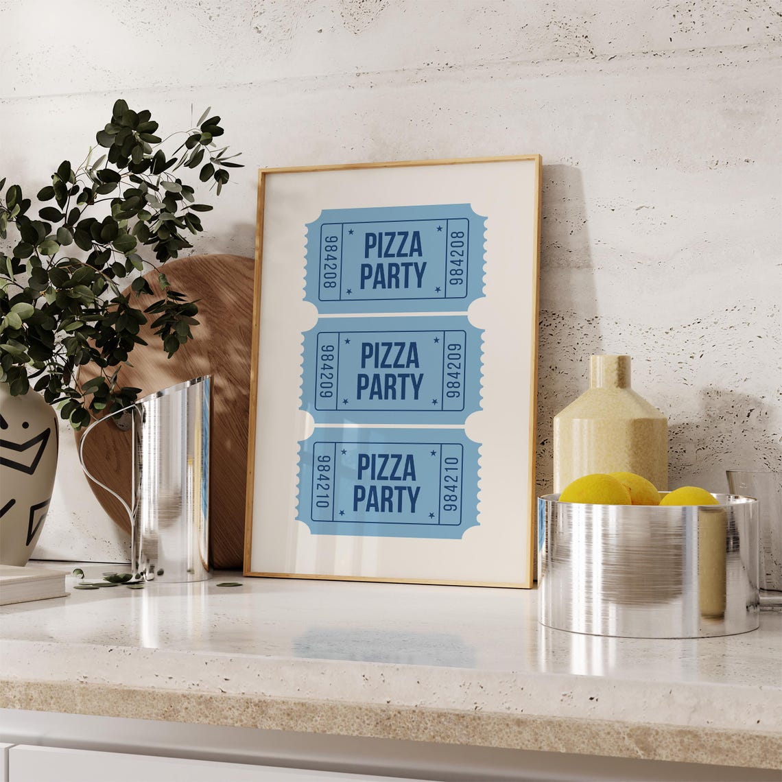 Pizza Party Retro Ticket Stub Trio Cute Blue Kitchen Art Poster - Image 2