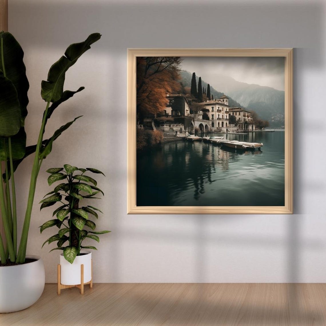 Lake Como Waterfront Villas Misty Mountains Dark Mood Poster