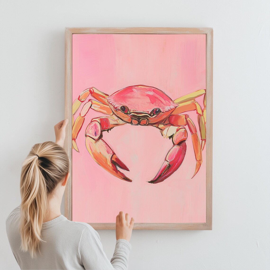 Pink Crab Wall Art Coastal Beachthemed Pastel Trendy Ocean Decor For Modern Spaces