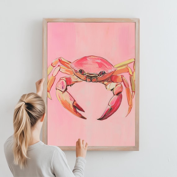 Pink Crab Wall Art Coastal Beachthemed Pastel Trendy Ocean Decor For Modern Spaces