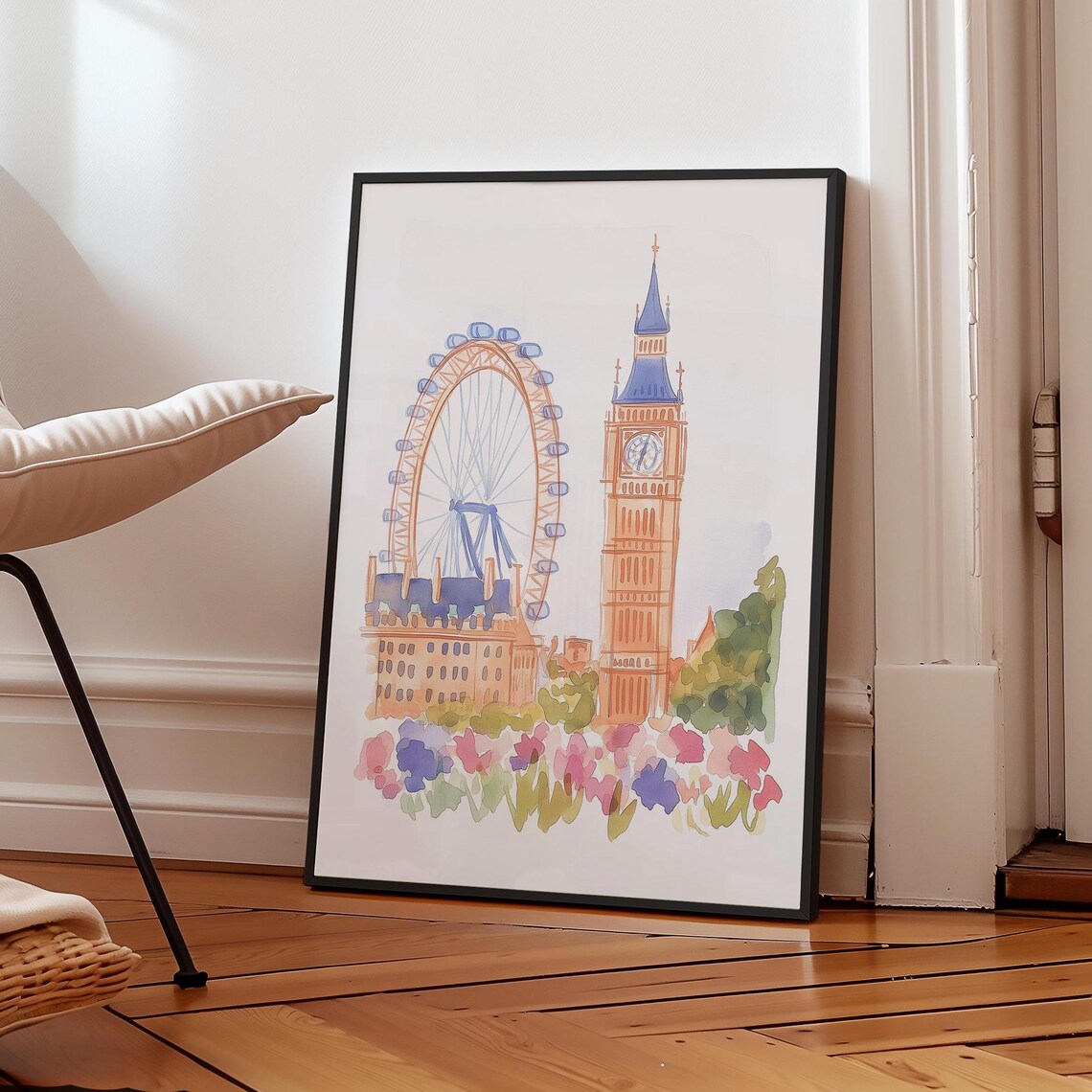 London Watercolor Poster Big Ben and London Eye UK Travel Landmark Decor