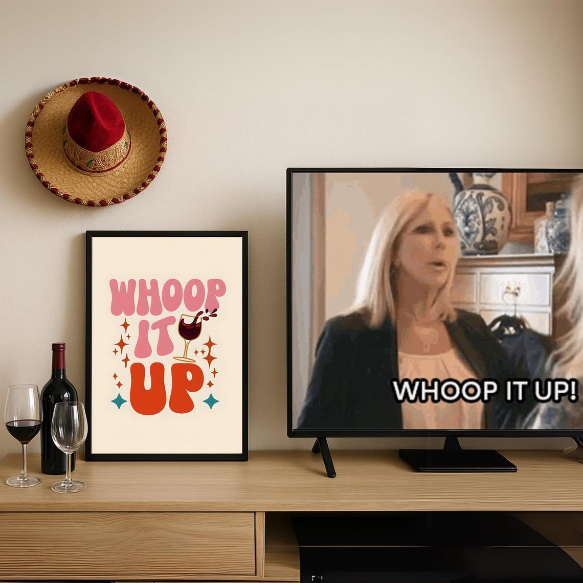 Whoop It Up Wine Quote Retro Pink Orange Typography Kitchen Poster