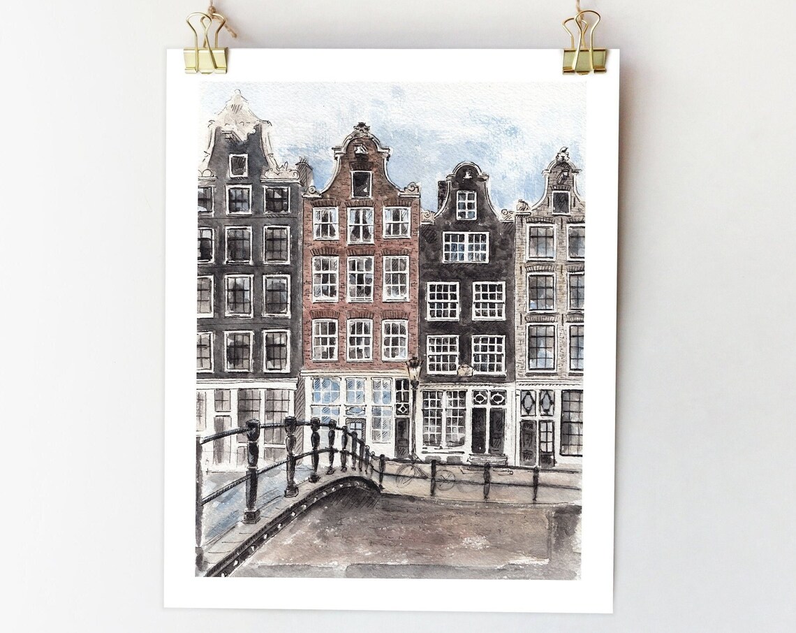 Amsterdam Watercolor Travel Poster, Holland Houses