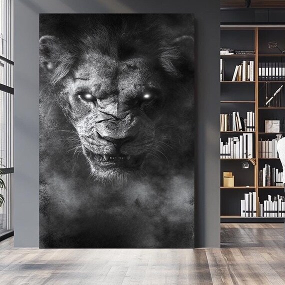 Fierce Black And White Lion Face Close Up Glowing Eyes Smoke Poster