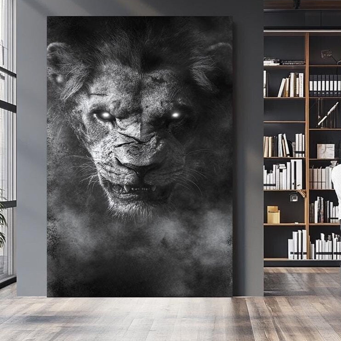 Fierce Black And White Lion Face Close Up Glowing Eyes Smoke Poster