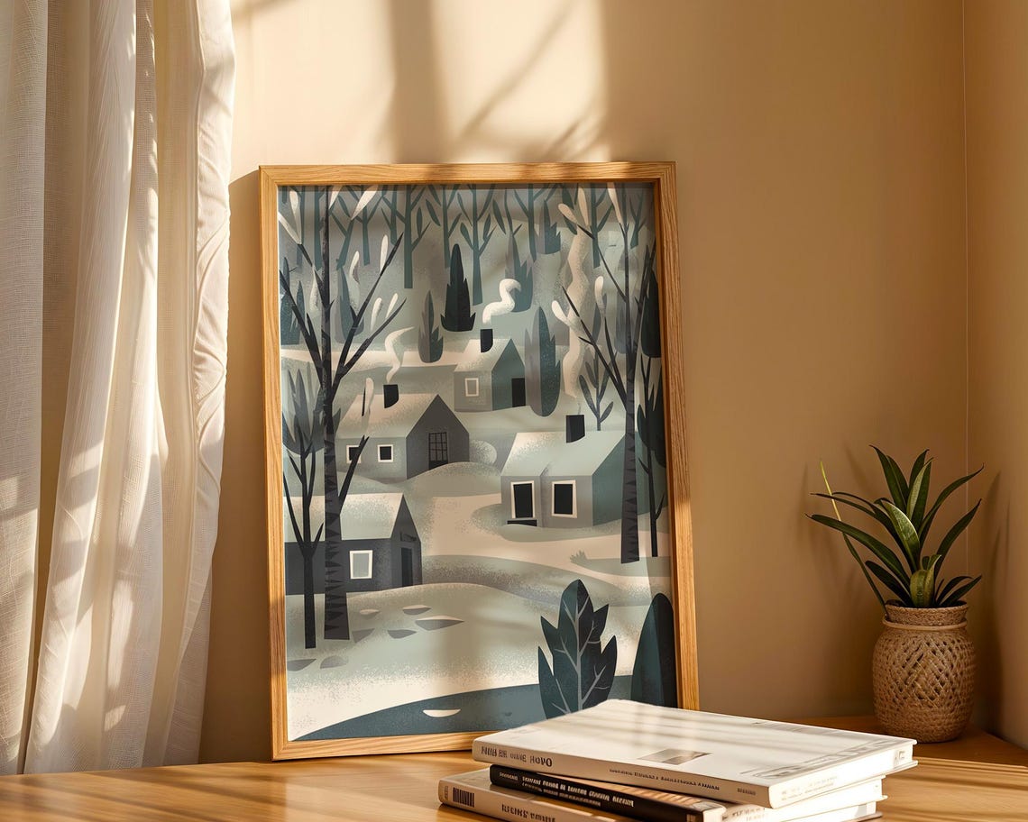 Scandinavian Snowy Village, Tranquil Winter Landscape - Image 6