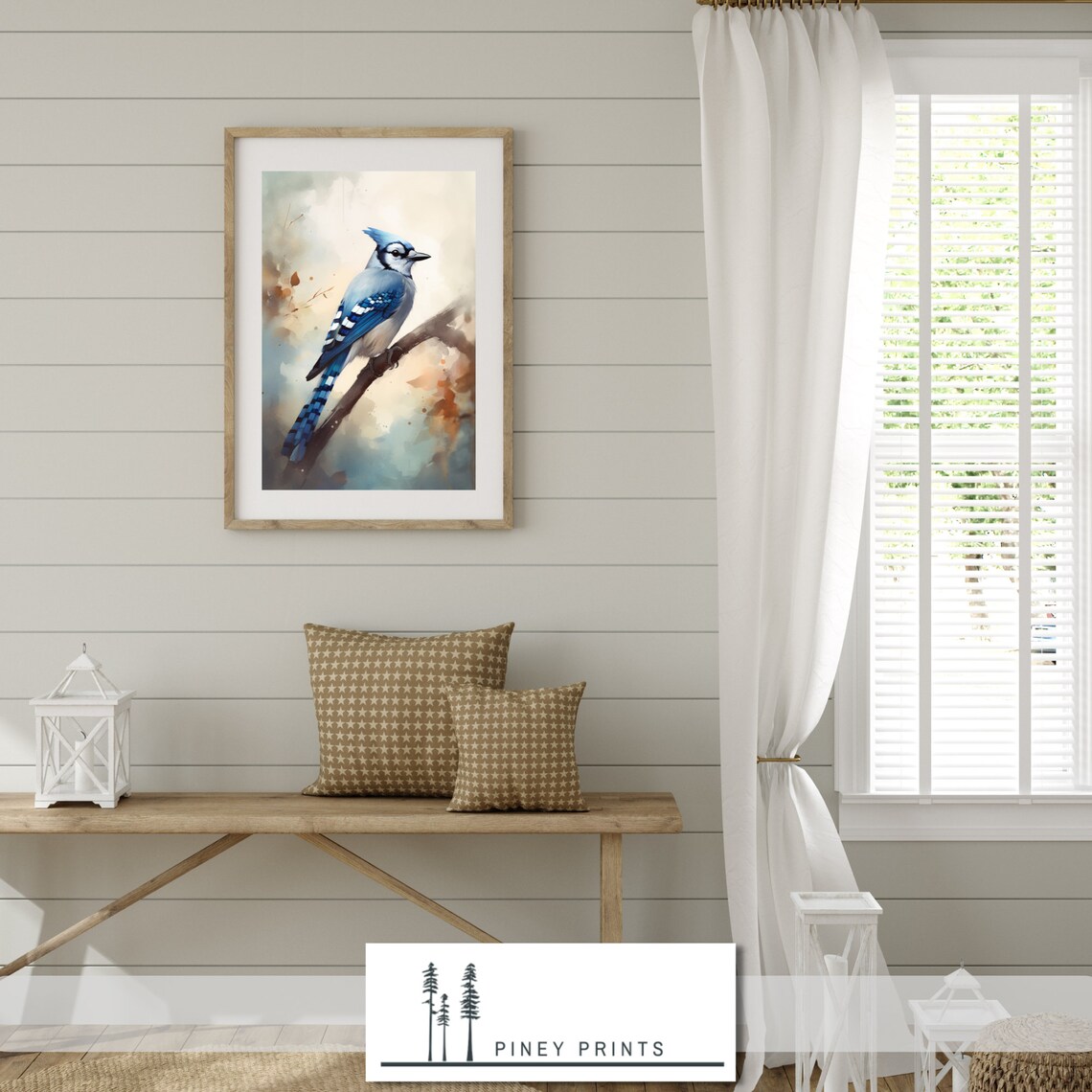 Blue Jay Perched On Branch Watercolor Songbird Painting Art Poster