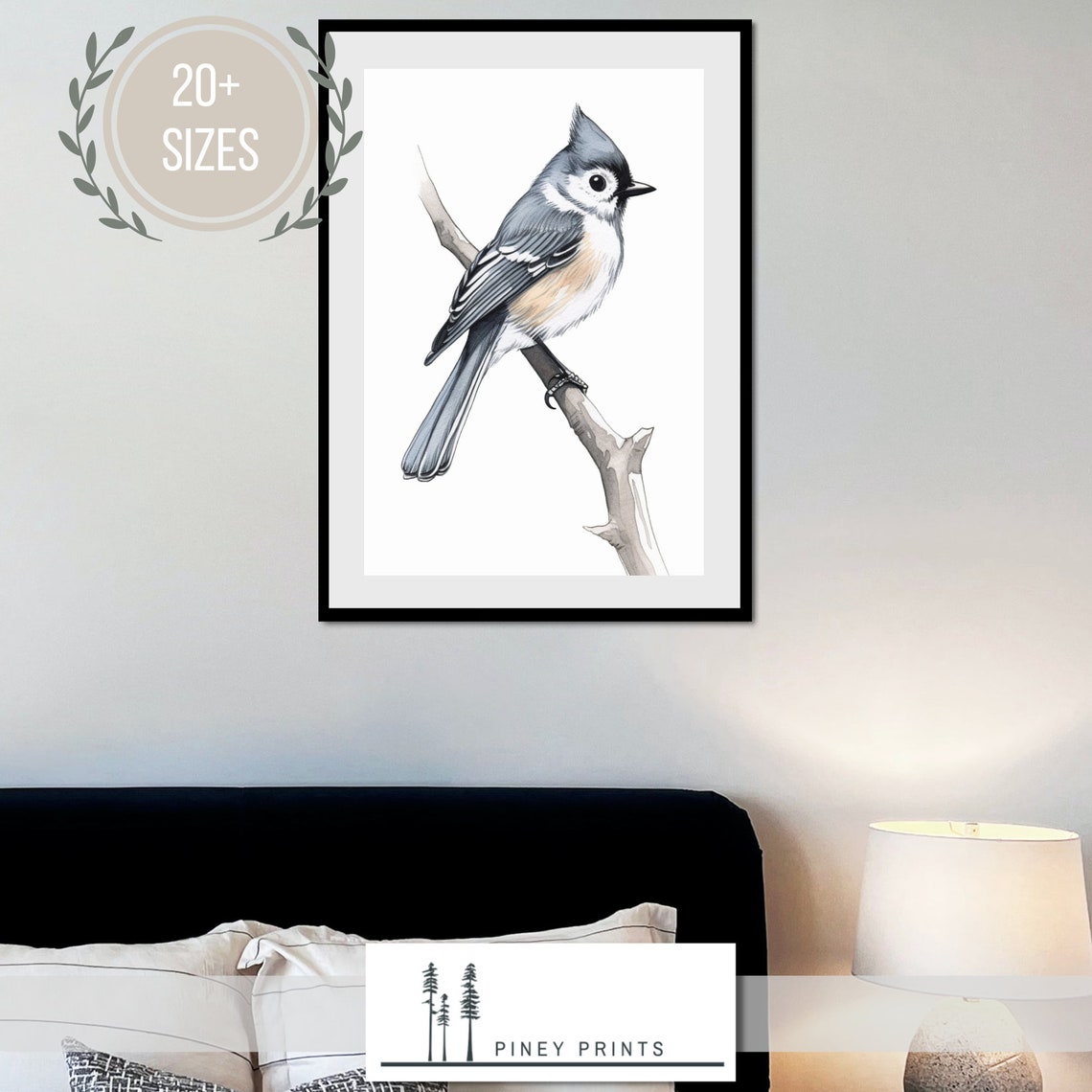 Tufted Titmouse Drawing Perched On Branch Delicate Bird Sketch Print