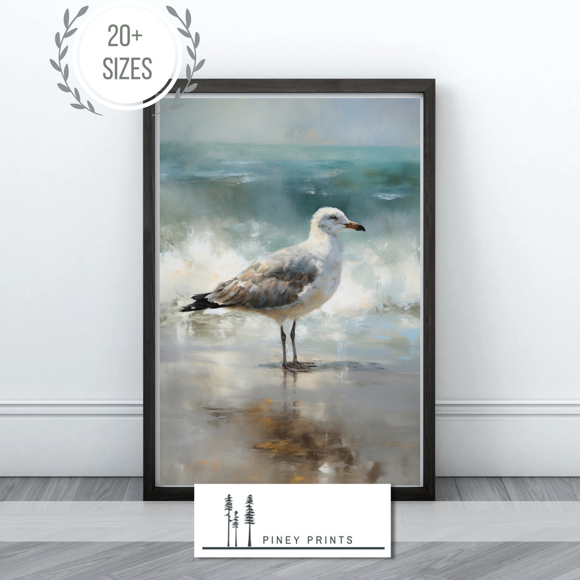 Seagull Standing In Ocean Surf Beach Waves Coastal Painting Poster - Image 3