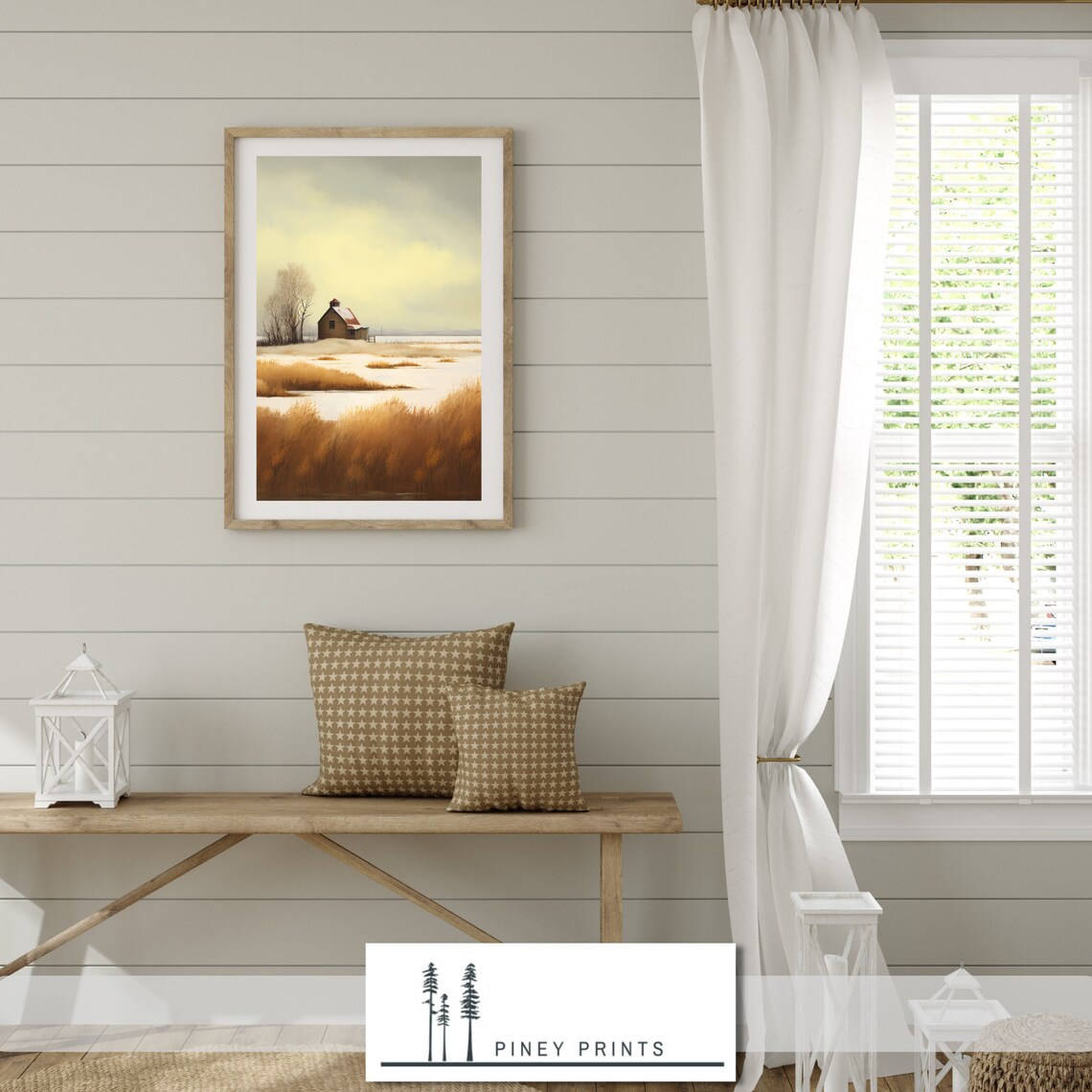 Winter Prairie Homestead with Barn Golden Grass Snow Landscape Painting Poster - Image 2