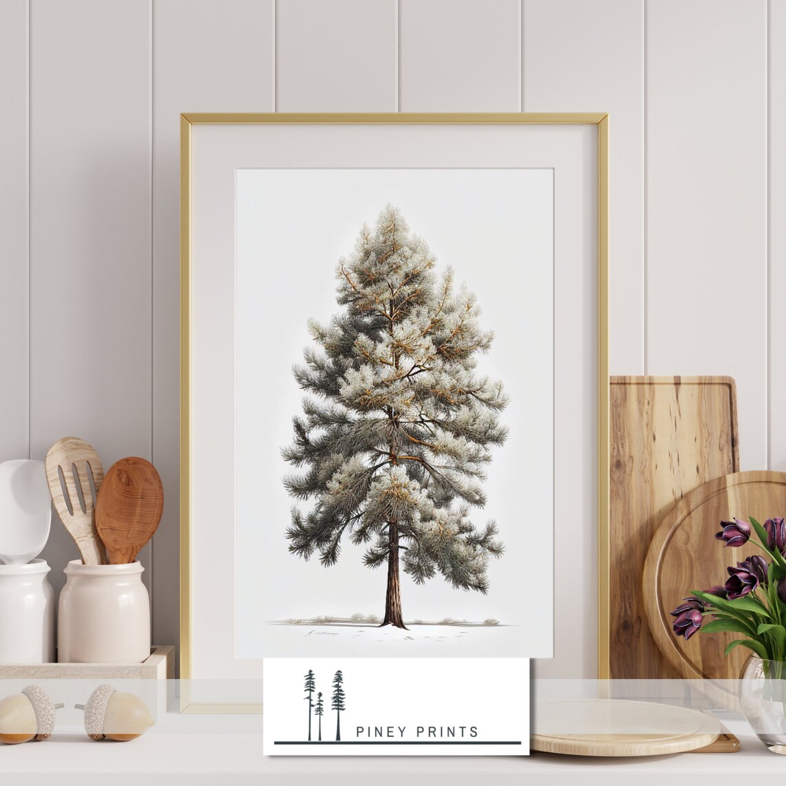 Old Pine Tree In Snow Illustrated Evergreen Winter Woodland Art Print - Image 3