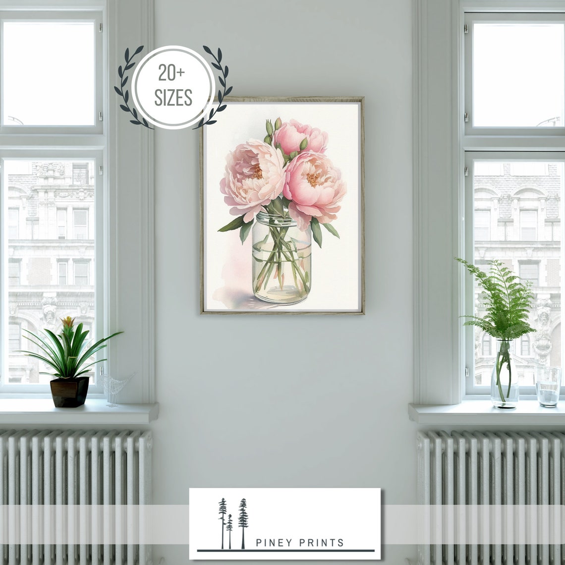 Pink Peonies Glass Jar Watercolor Floral Bouquet Bathroom Wall Poster - Image 2