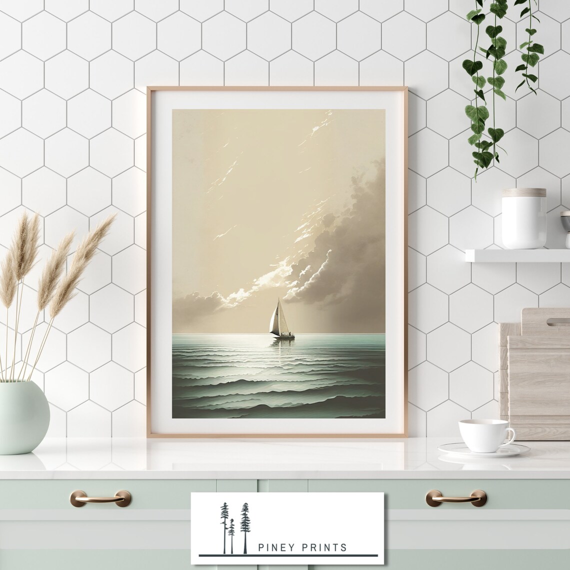 Lone Sailboat Calm Turquoise Sea Minimalist Ocean Art Poster - Image 3