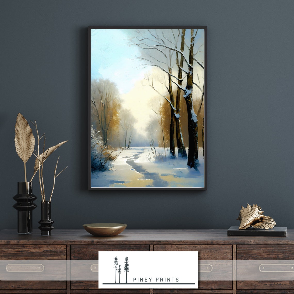 Snowy Winter Forest Path Sunlit Trees Oil Painting Art Poster - Image 2