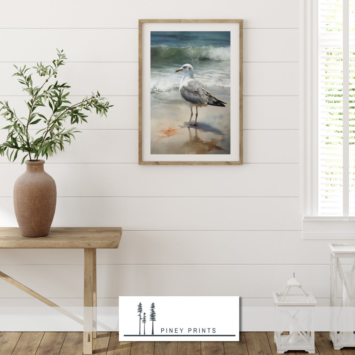Seagull On Sunlit Beach Breaking Waves Coastal Bird Painting Poster - Image 3