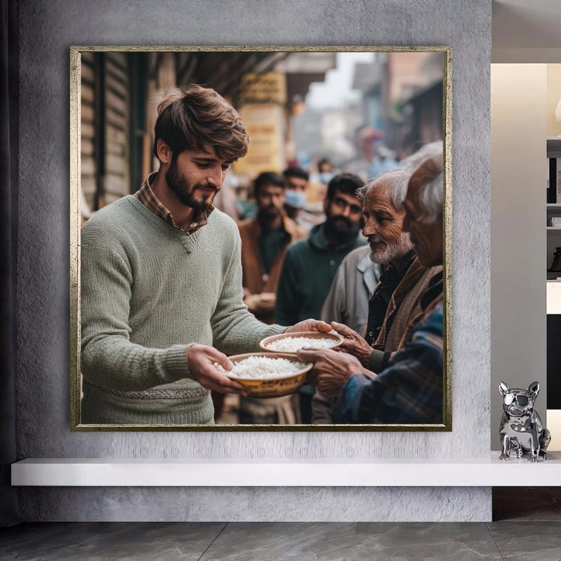 A Young Man Serving Rice Bowls to Elderly Men Charity Poster - Image 2