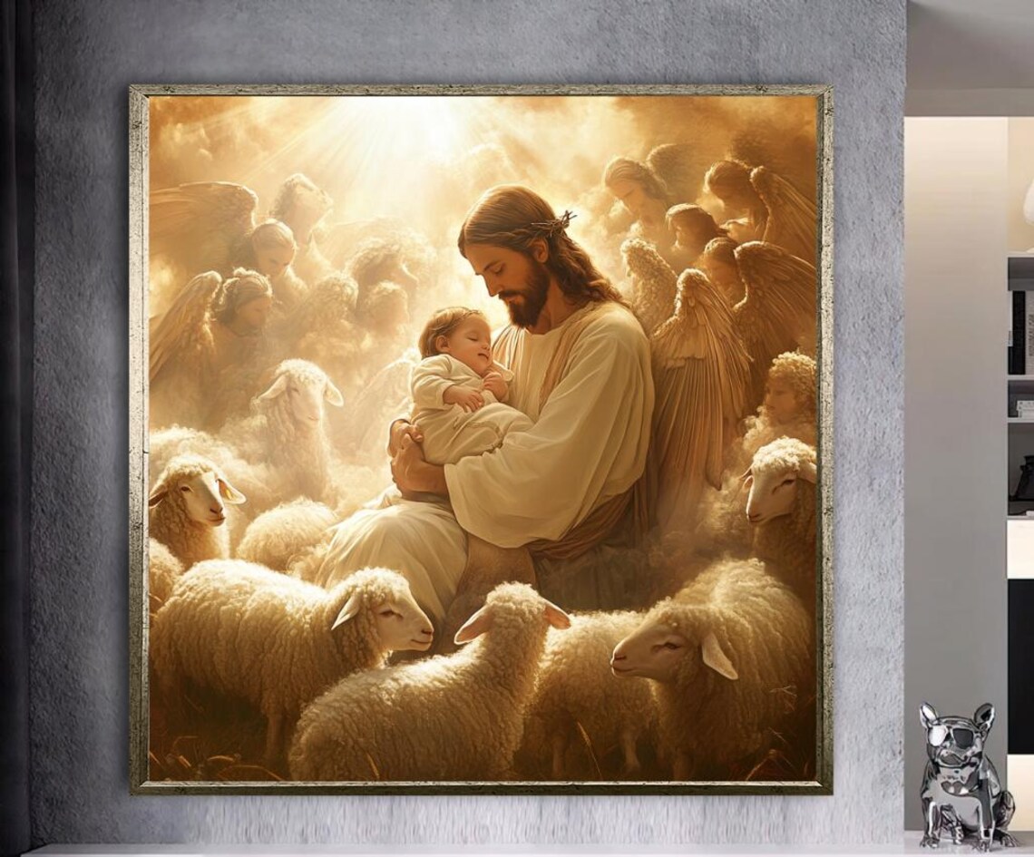 Jesus Holding a Baby Among Angels and Sheep Heavenly Art Poster