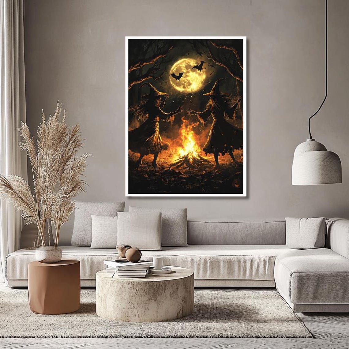 Two Witches Dancing Around a Bonfire Under the Full Moon Poster - Image 2