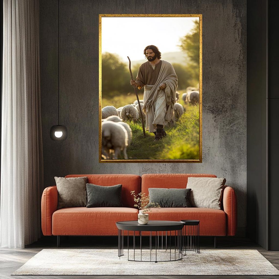 Jesus the Good Shepherd Walking with His Sheep at Sunset Poster - Image 2