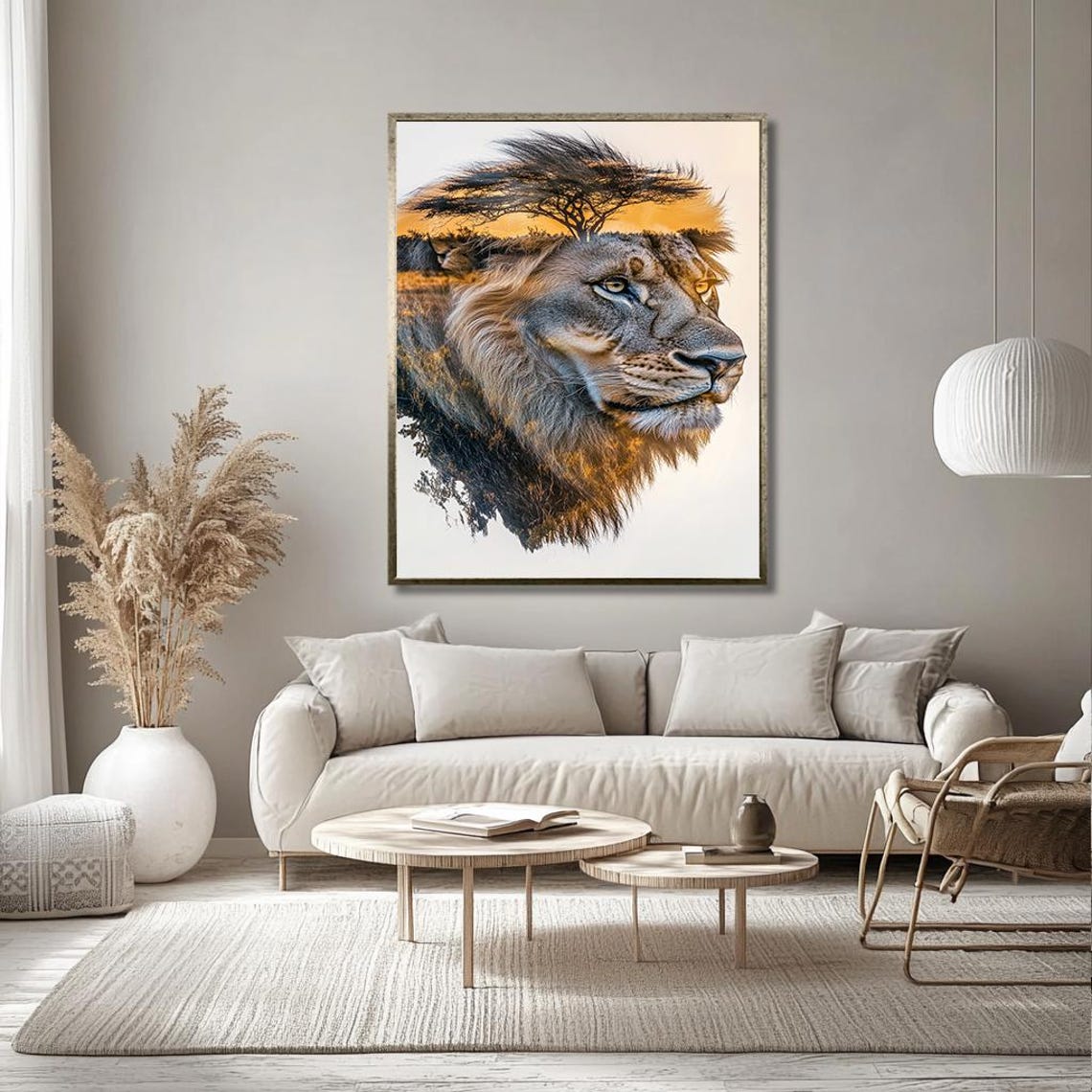 Majestic Lion Double Exposure African Sunset Savanna Art Print - Image 3