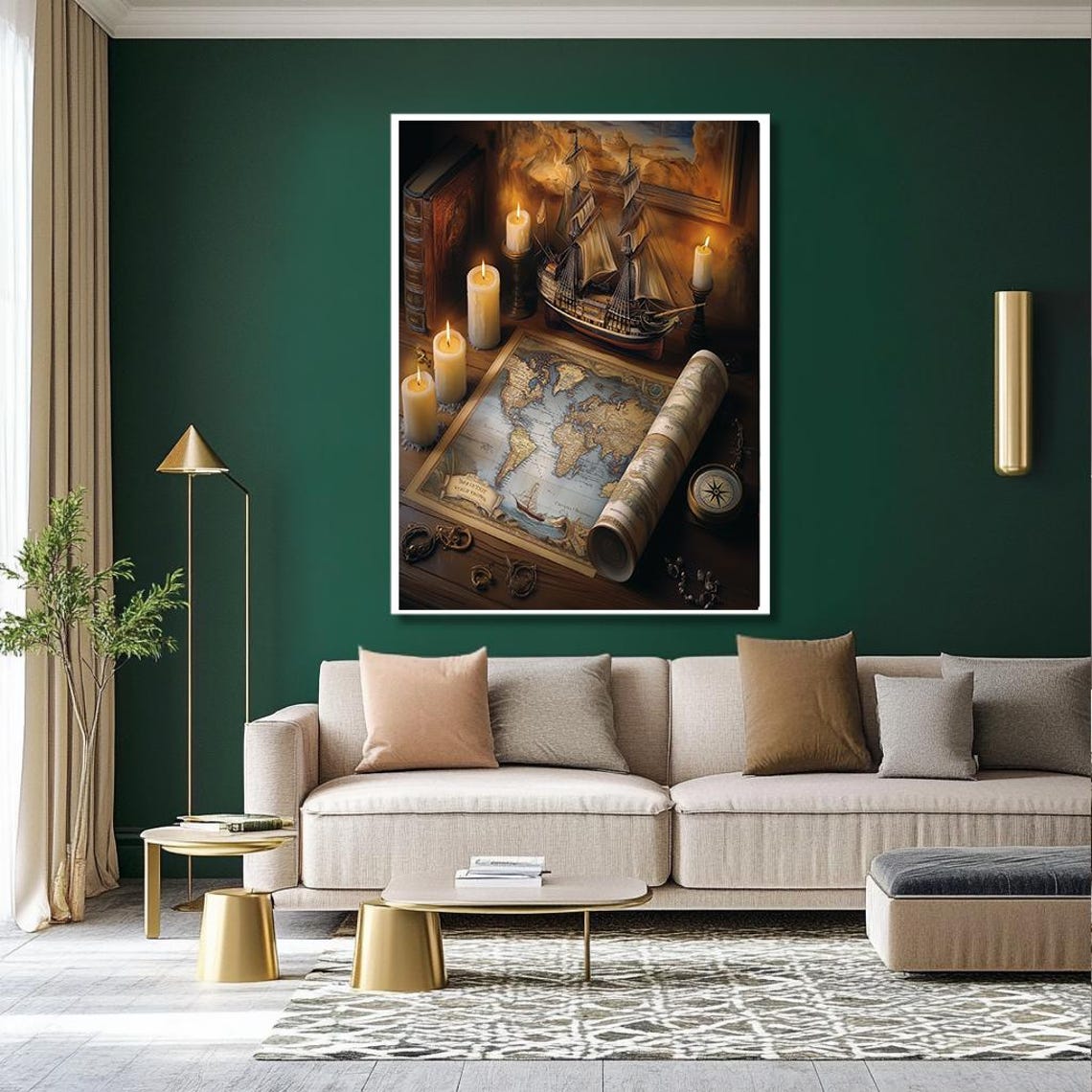 Vintage Nautical Map With Candles And Model Ship Still Life Poster - Image 2