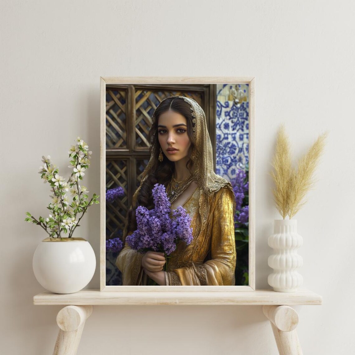 Golden Dress Princess with Lilac Bouquet and Blue Tile Art Poster - Image 2