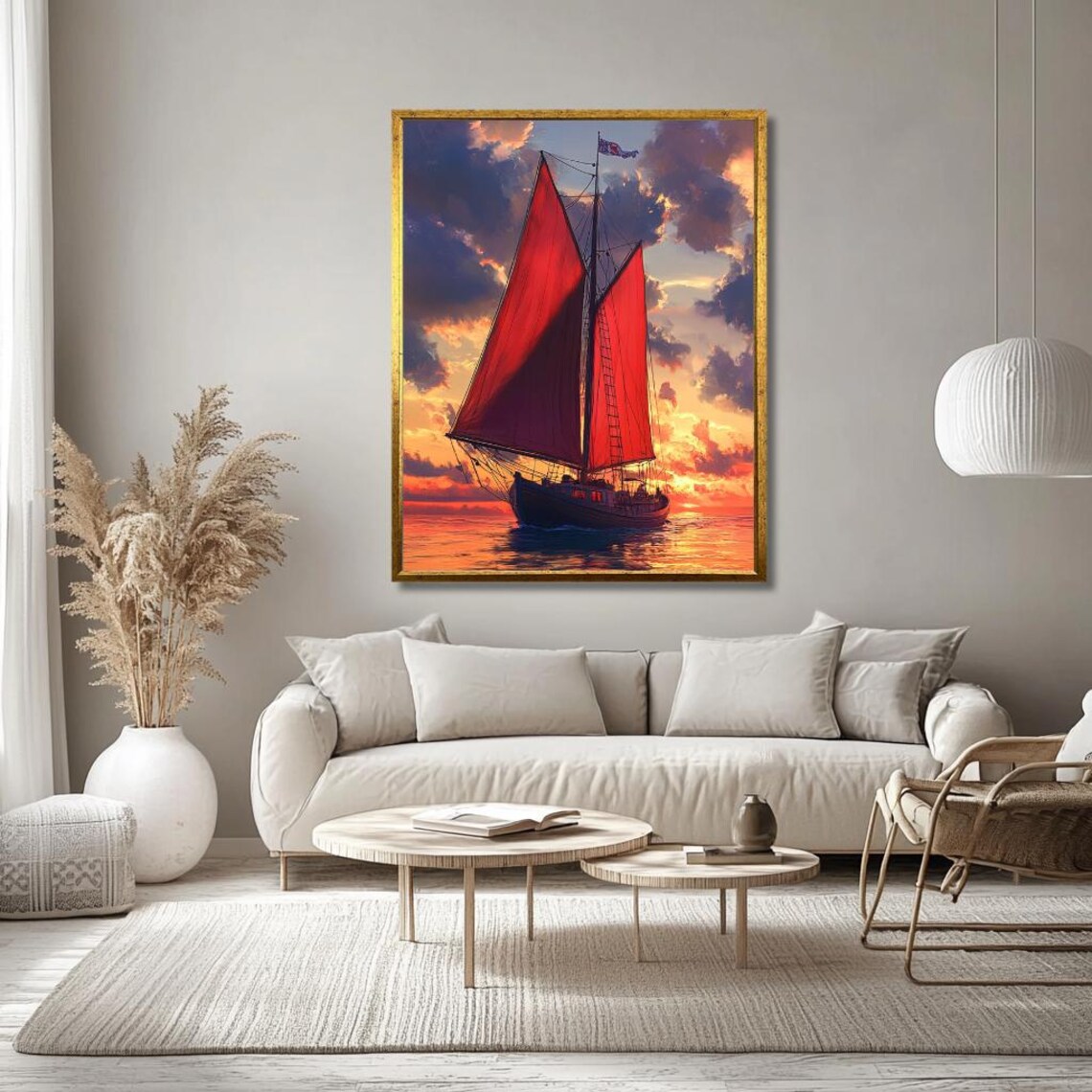 Sailing Ship With Crimson Sails On The Ocean At Fiery Sunset Poster - Image 3