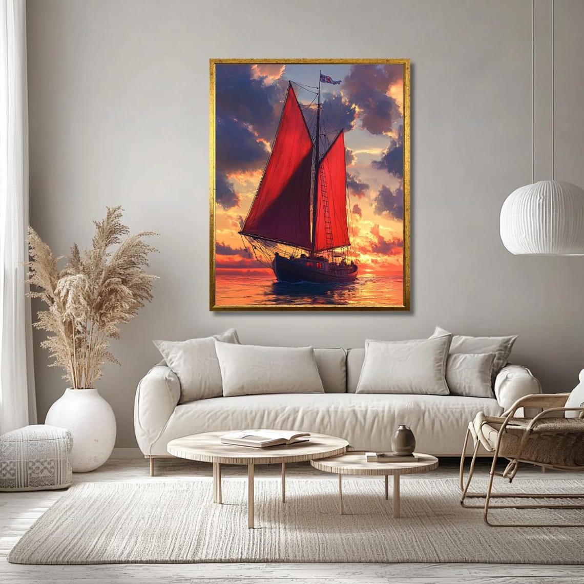 Sunset Sailboat Wall Art Majestic Red Sailed Ship On Ocean At Sunset Nautical Decor For Living Room Large Seascape Print - Image 3