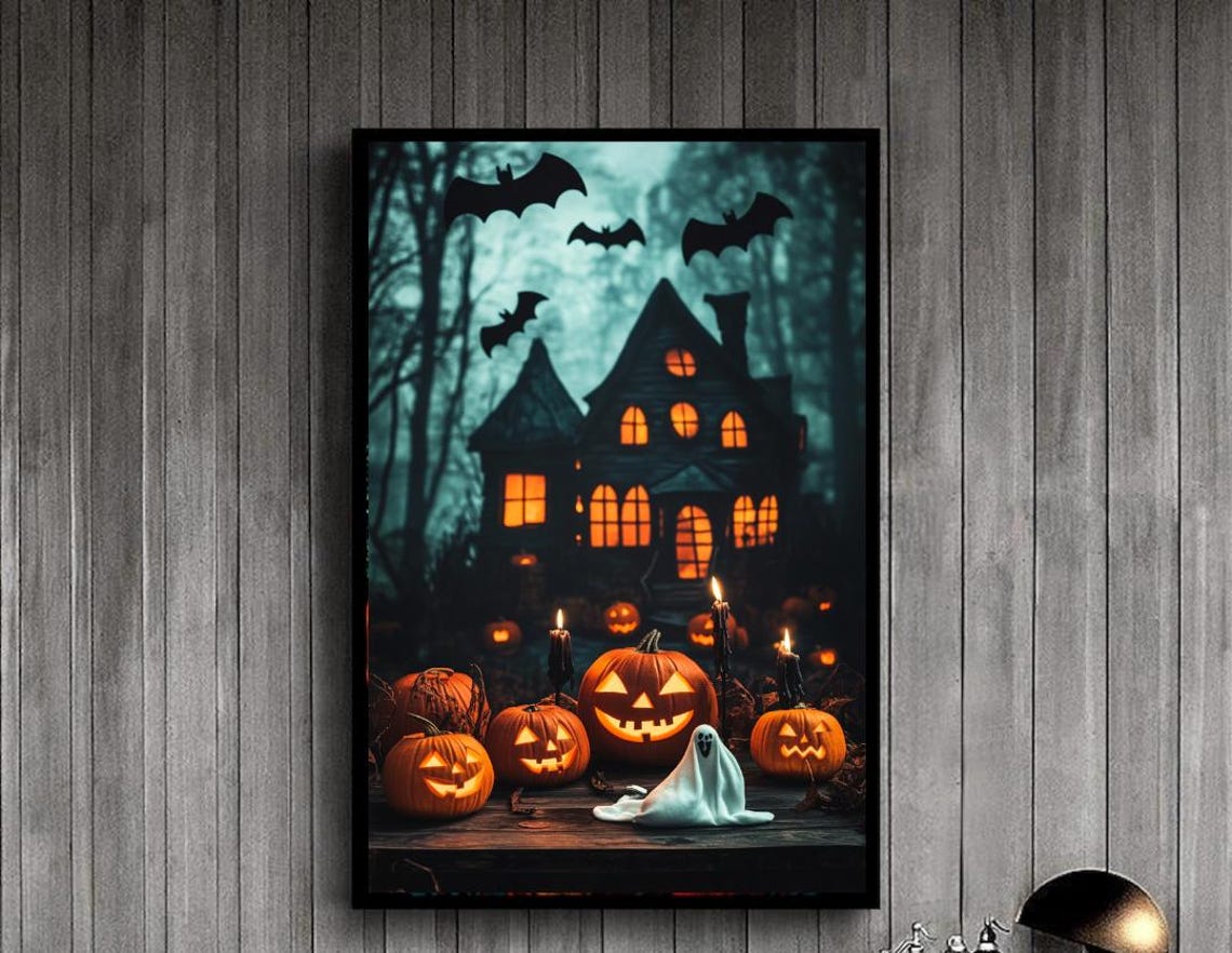 Haunted House on Halloween Night Bats Jack O Lanterns Wall Art