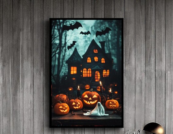 Haunted House on Halloween Night Bats Jack O Lanterns Wall Art