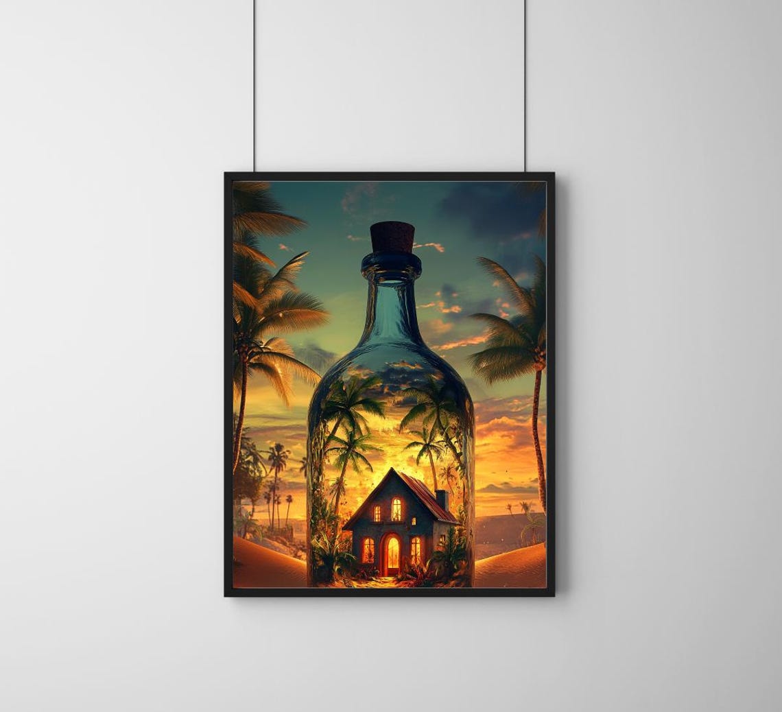 Tropical House Inside Glass Bottle Sunset Surreal Paradise Wall Art - Image 3