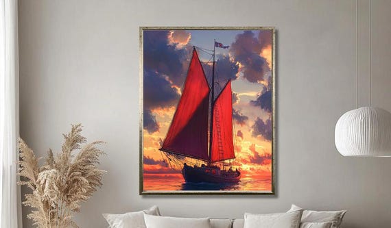Sunset Sailboat Wall Art Majestic Red Sailed Ship On Ocean At Sunset Nautical Decor For Living Room Large Seascape Print
