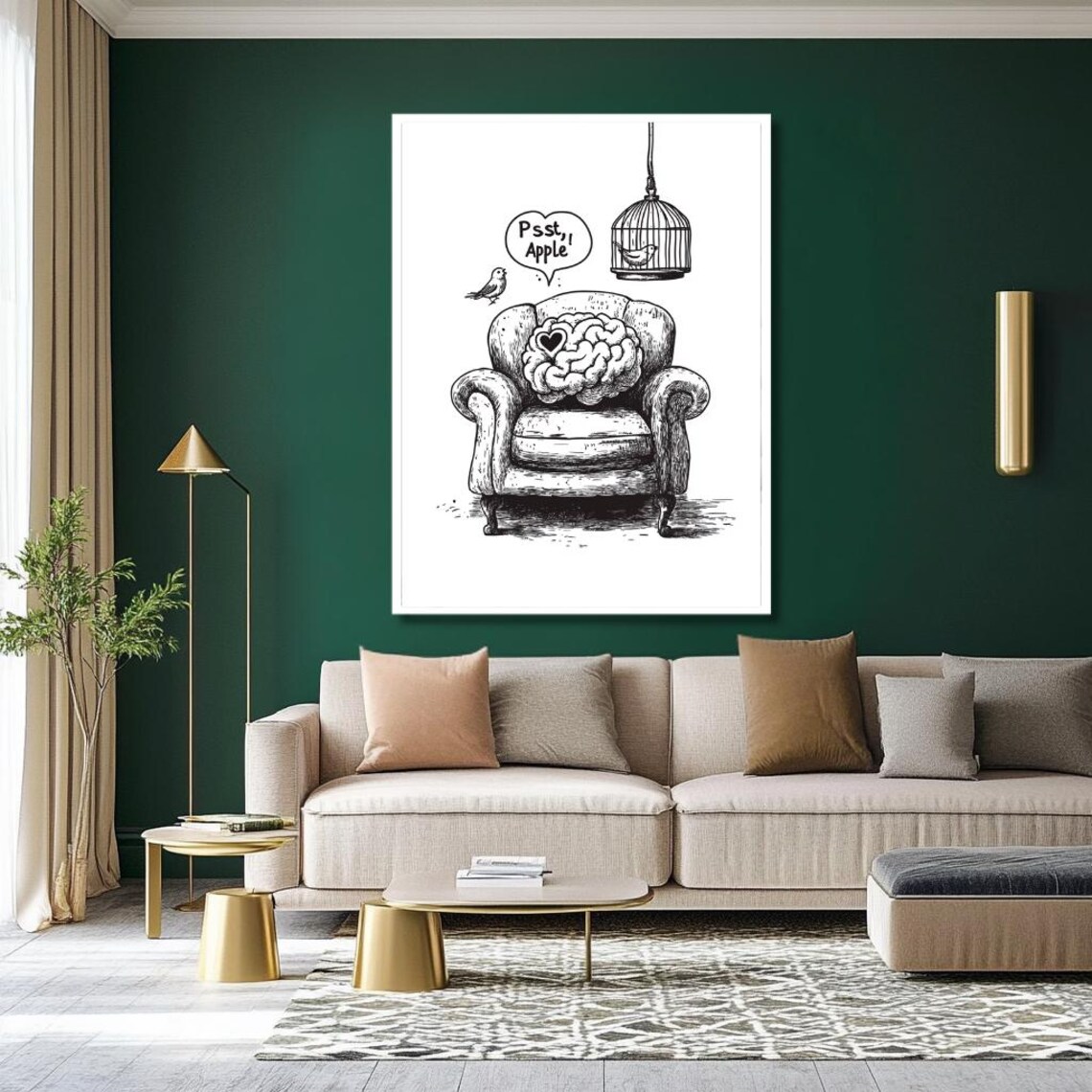 Whimsical Brain In Armchair Birds Speech Bubble Sketch Poster - Image 2