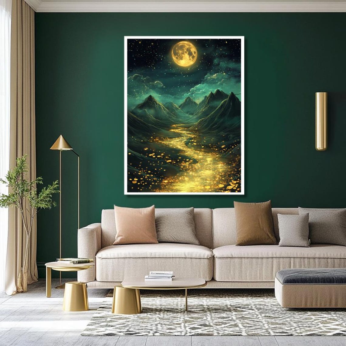 Moonlit Mountain River Wall Art Enchanted Golden River Under Full Moon With Starry Sky Mystical Landscape Decor For Living Room - Image 2